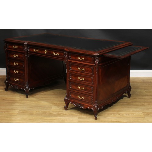 2057 - A late 19th century French rosewood and kingwood twin pedestal desk, inverted break-centre top with ... 