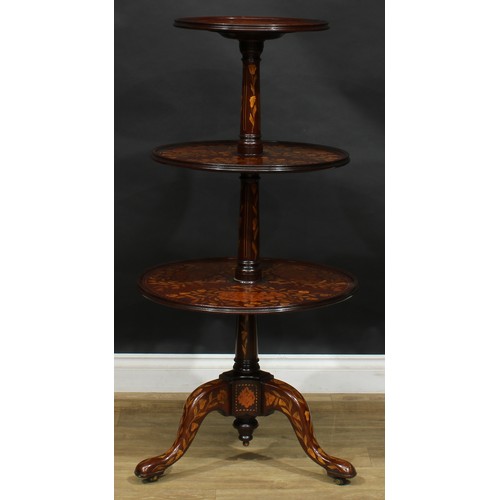 1618 - A 19th century mahogany and marquetry three-tier dumbwaiter, dished circular plateaux, turned spread... 