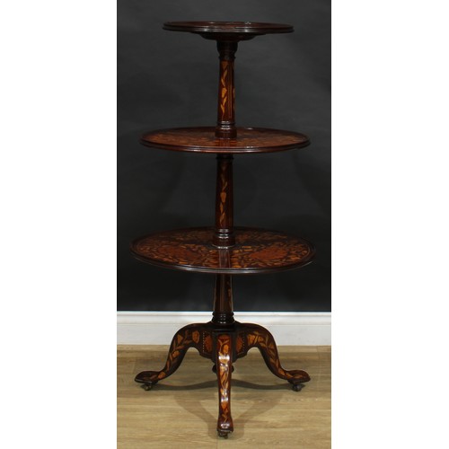 1618 - A 19th century mahogany and marquetry three-tier dumbwaiter, dished circular plateaux, turned spread... 