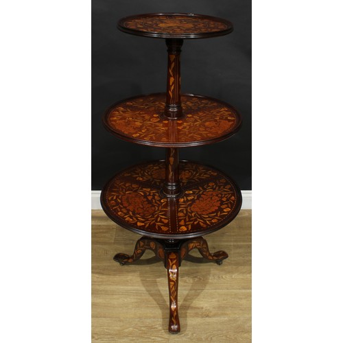 1618 - A 19th century mahogany and marquetry three-tier dumbwaiter, dished circular plateaux, turned spread... 