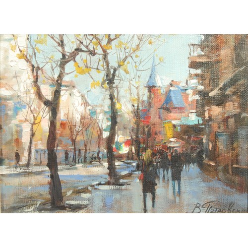 756 - Vitali Petrovsky
A pair, City Bustle  
signed, oil on canvas, 16cm x 22cm