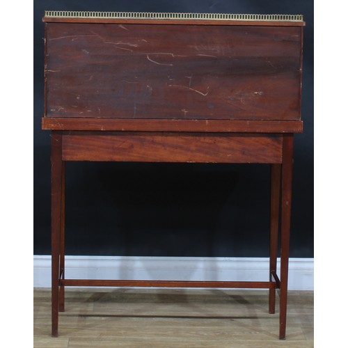 1980 - A pair of Sheraton Revival mahogany and marquetry bonheurs du jour, each with a shallow brass three-... 