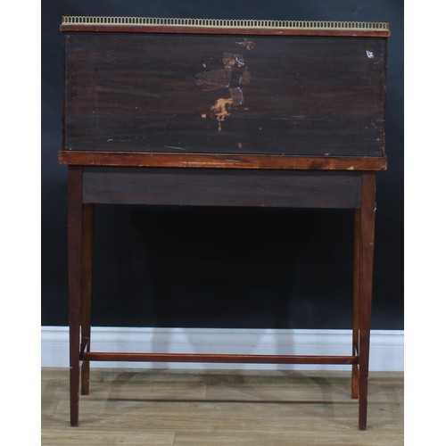 1980 - A pair of Sheraton Revival mahogany and marquetry bonheurs du jour, each with a shallow brass three-... 