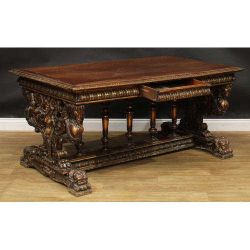 1614 - A 19th century Italian Renaissance Revival parcel-gilt walnut centre table, in the manner of Angiolo... 