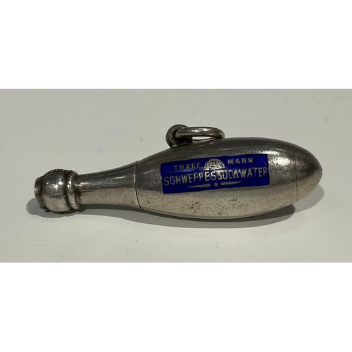 1007 - A Novelty advertising silver and enamel Schweppes soda water retractable pencil, suspension loop, 4.... 