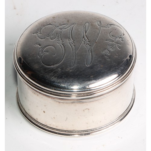 919 - A George III silver circular box and cover, quite plain, the cover engraved with initials and flower... 