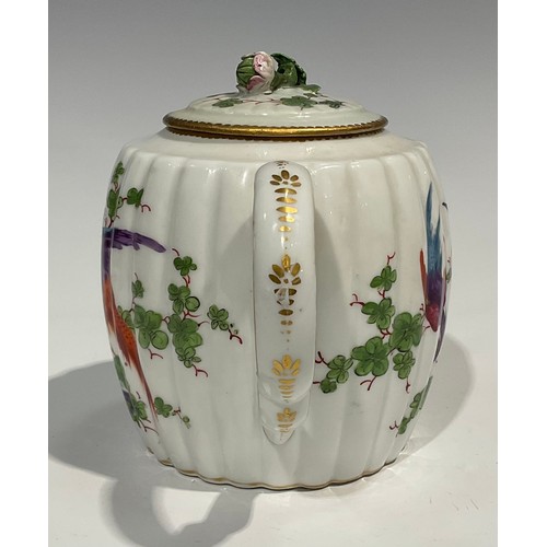 117 - A Chelsea fluted barrel shaped tea pot and cover, painted, possibly by James Giles with brightly col... 