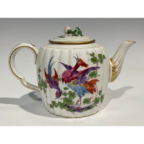 117 - A Chelsea fluted barrel shaped tea pot and cover, painted, possibly by James Giles with brightly col... 