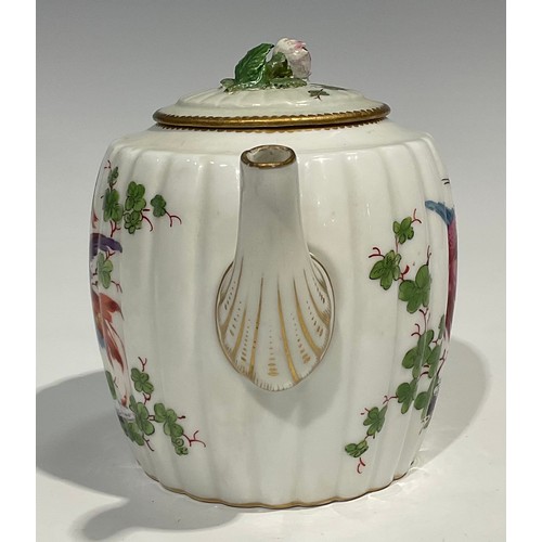 117 - A Chelsea fluted barrel shaped tea pot and cover, painted, possibly by James Giles with brightly col... 