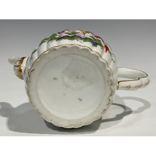 117 - A Chelsea fluted barrel shaped tea pot and cover, painted, possibly by James Giles with brightly col... 