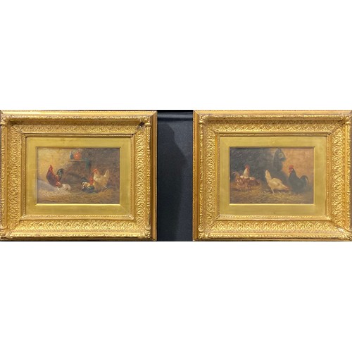 592 - English School, a pair, 19th century, poultry in the hay barns, oil on panels, contemporary gilt fra... 