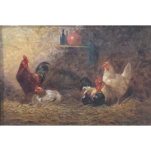 592 - English School, a pair, 19th century, poultry in the hay barns, oil on panels, contemporary gilt fra... 