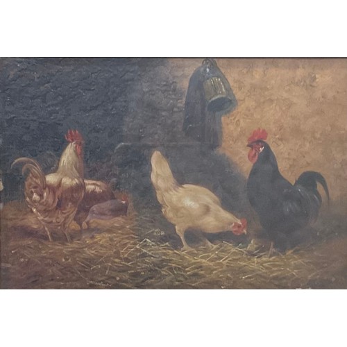 592 - English School, a pair, 19th century, poultry in the hay barns, oil on panels, contemporary gilt fra... 