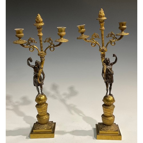 1763 - A pair of 19th century French bronze and ormolu figural two-light mantel candelabrum, each Bacchic f... 