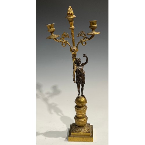 1763 - A pair of 19th century French bronze and ormolu figural two-light mantel candelabrum, each Bacchic f... 