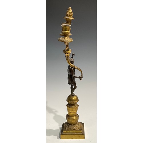 1763 - A pair of 19th century French bronze and ormolu figural two-light mantel candelabrum, each Bacchic f... 