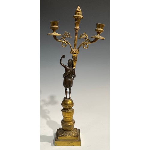 1763 - A pair of 19th century French bronze and ormolu figural two-light mantel candelabrum, each Bacchic f... 