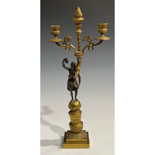 1763 - A pair of 19th century French bronze and ormolu figural two-light mantel candelabrum, each Bacchic f... 