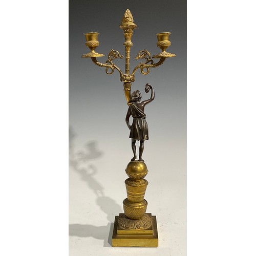 1763 - A pair of 19th century French bronze and ormolu figural two-light mantel candelabrum, each Bacchic f... 