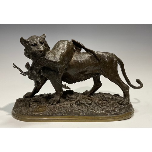 2702 - Christopher Fratin (1801-1864), a brown patinated bronze, Big Cat with Kill, standing on naturalisti... 