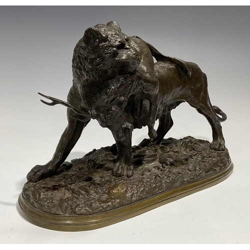 2702 - Christopher Fratin (1801-1864), a brown patinated bronze, Big Cat with Kill, standing on naturalisti... 