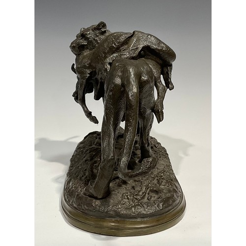 2702 - Christopher Fratin (1801-1864), a brown patinated bronze, Big Cat with Kill, standing on naturalisti... 