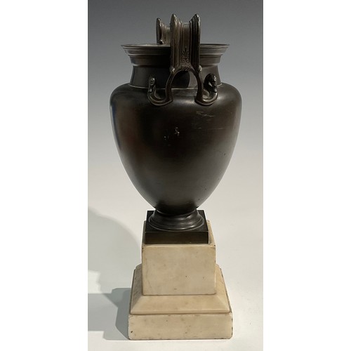 1762 - A Grand Tour bronze and marble Volute Krater vase, after the ancient Greek, the high handles with sw... 