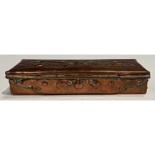 2346 - A Newlyn Arts & Crafts rectangular copper box, the hinged cover and sides repousse embossed with she... 