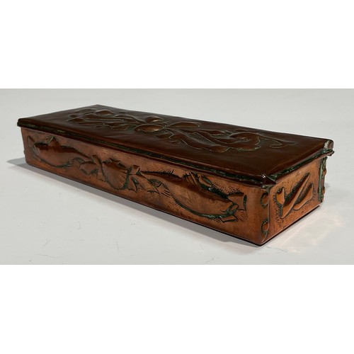 2346 - A Newlyn Arts & Crafts rectangular copper box, the hinged cover and sides repousse embossed with she... 