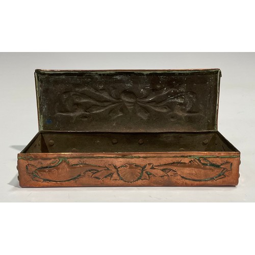 2346 - A Newlyn Arts & Crafts rectangular copper box, the hinged cover and sides repousse embossed with she... 