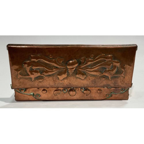 2346 - A Newlyn Arts & Crafts rectangular copper box, the hinged cover and sides repousse embossed with she... 