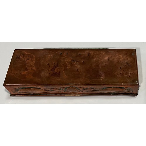 2346 - A Newlyn Arts & Crafts rectangular copper box, the hinged cover and sides repousse embossed with she... 