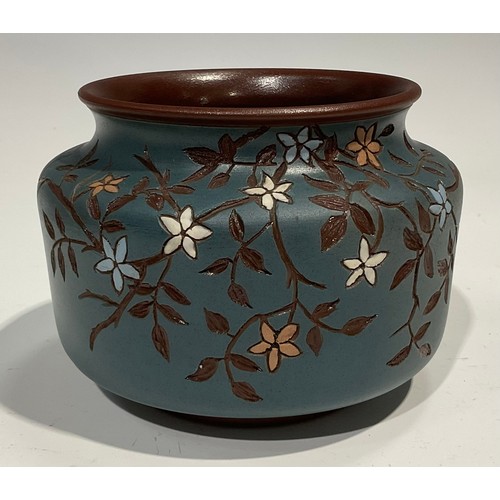 51 - A Lovatts Langley Ware ovoid jardiniere, decorated with sgraffito stylised flowering foliage, agains... 