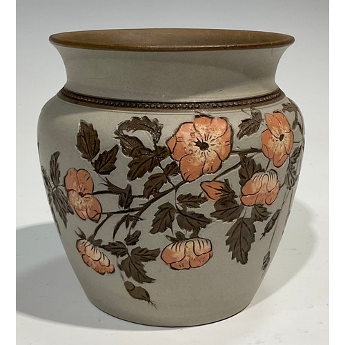 51 - A Lovatts Langley Ware ovoid jardiniere, decorated with sgraffito stylised flowering foliage, agains... 