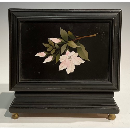 1675 - A 19th century rectangular ebonised and pietra dura table casket, the hinged cover set with a rectan... 