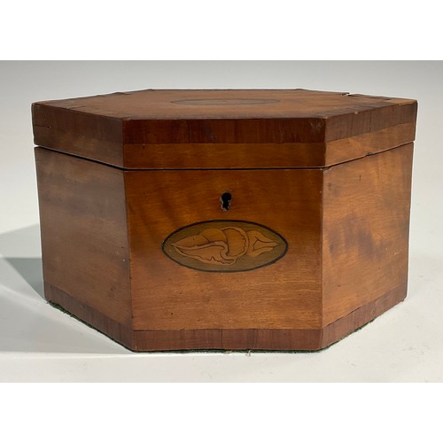 1684 - A George III satinwood navette shaped tea caddy, the cover and front inlaid with oval shell and hare... 