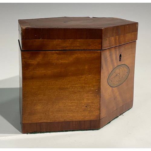 1684 - A George III satinwood navette shaped tea caddy, the cover and front inlaid with oval shell and hare... 