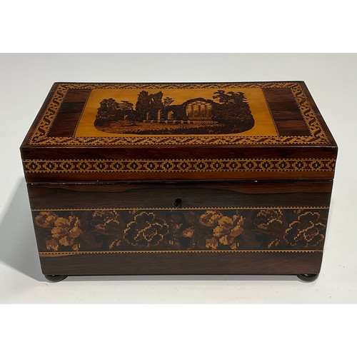 2595 - A Victorian rectangular rosewood and Tonbridge Ware tea caddy, the cover decorated with Abbey ruins,... 