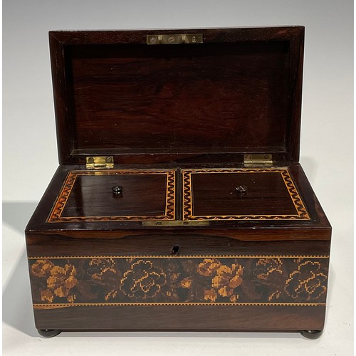 2595 - A Victorian rectangular rosewood and Tonbridge Ware tea caddy, the cover decorated with Abbey ruins,... 