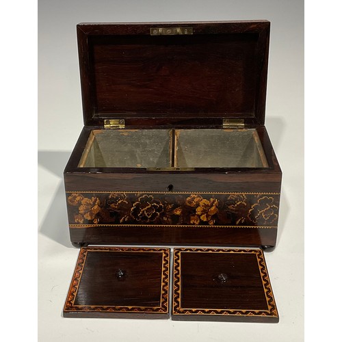 2595 - A Victorian rectangular rosewood and Tonbridge Ware tea caddy, the cover decorated with Abbey ruins,... 