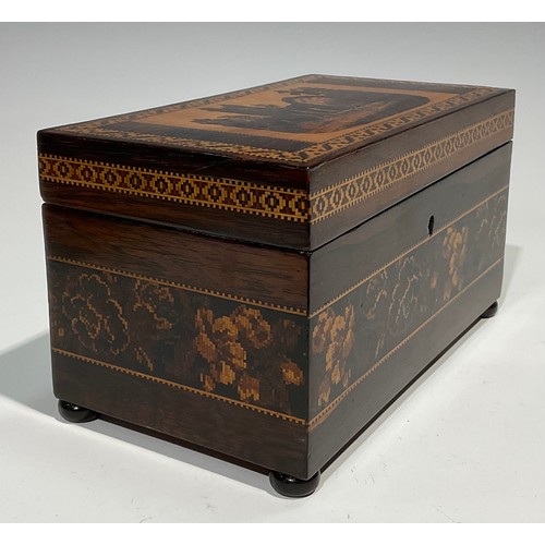 2595 - A Victorian rectangular rosewood and Tonbridge Ware tea caddy, the cover decorated with Abbey ruins,... 