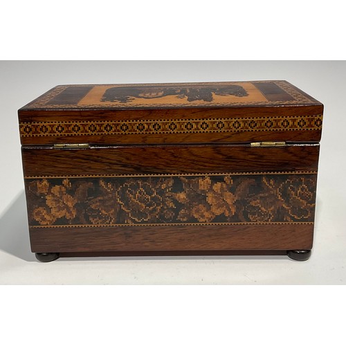 2595 - A Victorian rectangular rosewood and Tonbridge Ware tea caddy, the cover decorated with Abbey ruins,... 