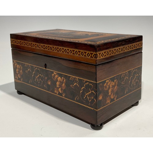 2595 - A Victorian rectangular rosewood and Tonbridge Ware tea caddy, the cover decorated with Abbey ruins,... 