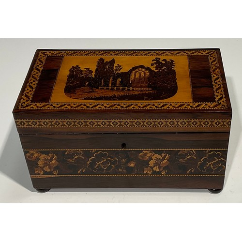 2595 - A Victorian rectangular rosewood and Tonbridge Ware tea caddy, the cover decorated with Abbey ruins,... 