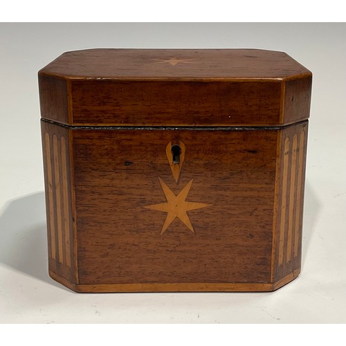 1690 - A GIII canted rectangular mahogany tea caddy, the cover and front inlaid with a six pointed star wit... 