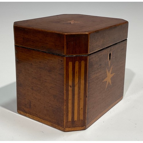 1690 - A GIII canted rectangular mahogany tea caddy, the cover and front inlaid with a six pointed star wit... 