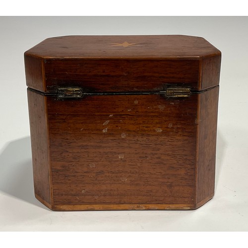 1690 - A GIII canted rectangular mahogany tea caddy, the cover and front inlaid with a six pointed star wit... 