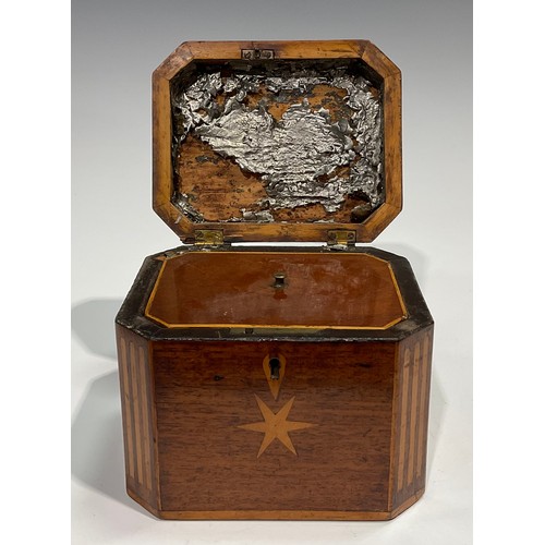 1690 - A GIII canted rectangular mahogany tea caddy, the cover and front inlaid with a six pointed star wit... 