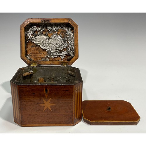 1690 - A GIII canted rectangular mahogany tea caddy, the cover and front inlaid with a six pointed star wit... 