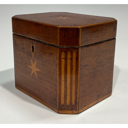 1690 - A GIII canted rectangular mahogany tea caddy, the cover and front inlaid with a six pointed star wit... 